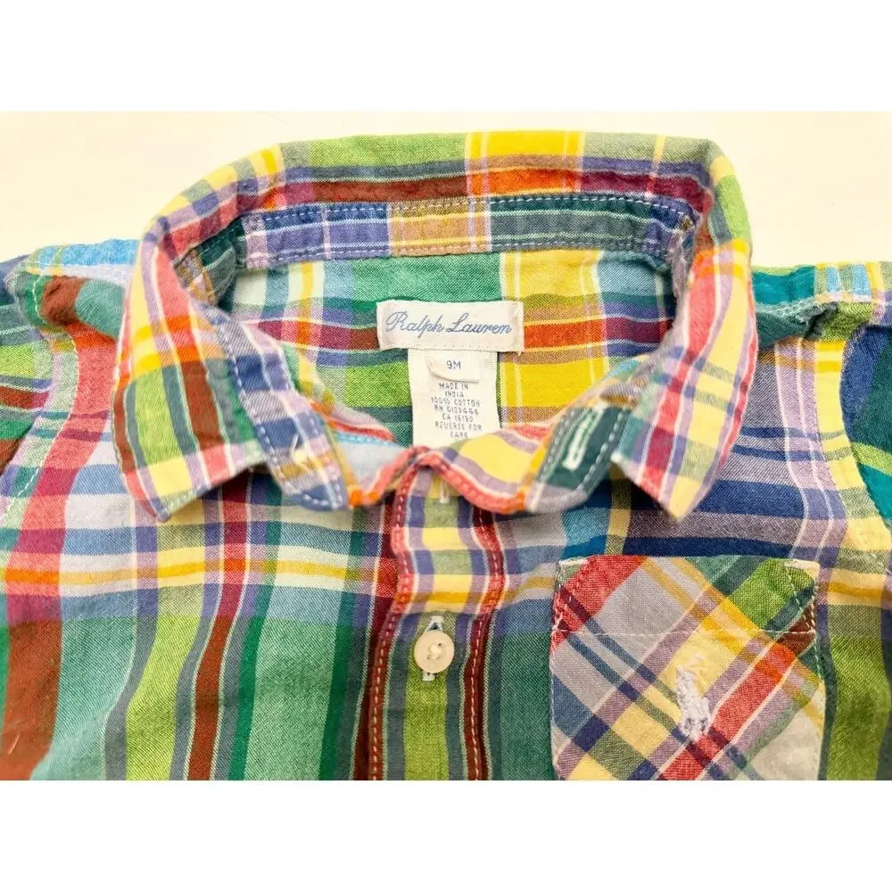 Ralph Lauren Baby Madras Plaid Shortall Romper Designer Summer EUC Size 9m